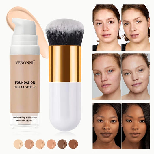 Lightweight Foundation & Concealer Set with Brush – Long-Lasting Full Coverage